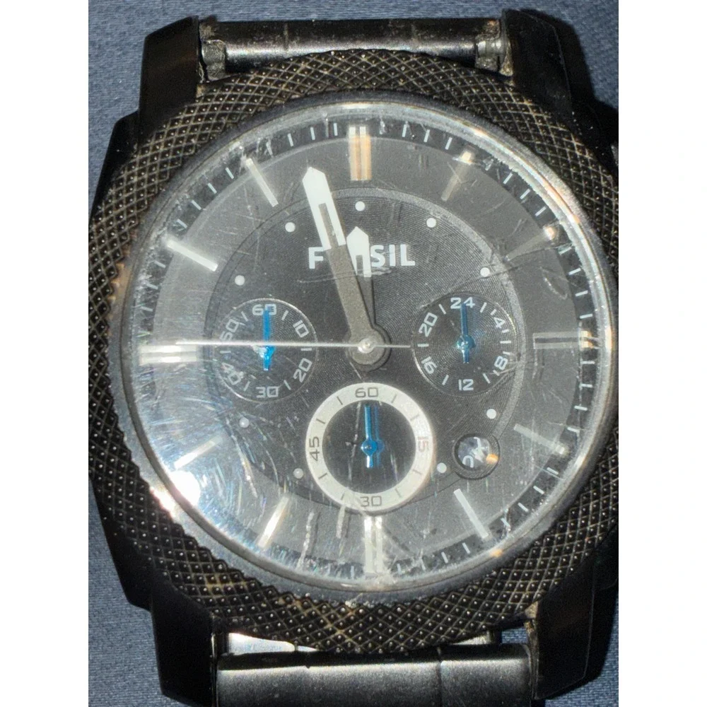 Fossil Machine Black Stainless Steel Chronograph Mens Watch Textured Bezel